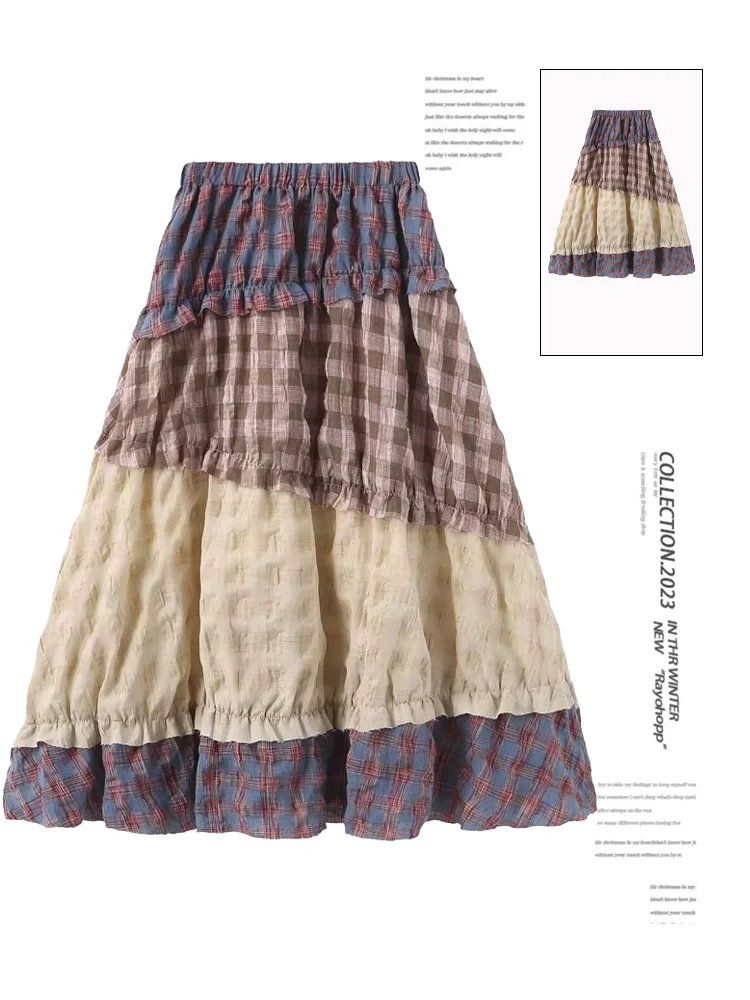 Women's Patchwork A-line Plaid Skirt Vintage Streetwear Aesthetic Y2k Skirt Harajuku Korean Long Skirt 2000s Clothes Summer 2024