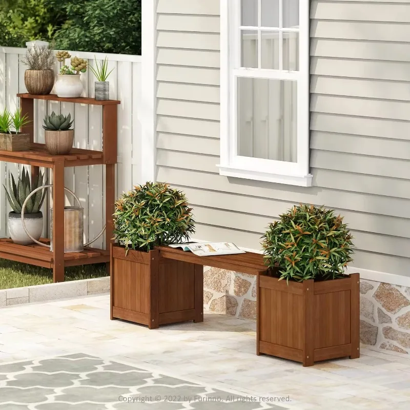 Modern design brown hardwood garden chair combined with flower box