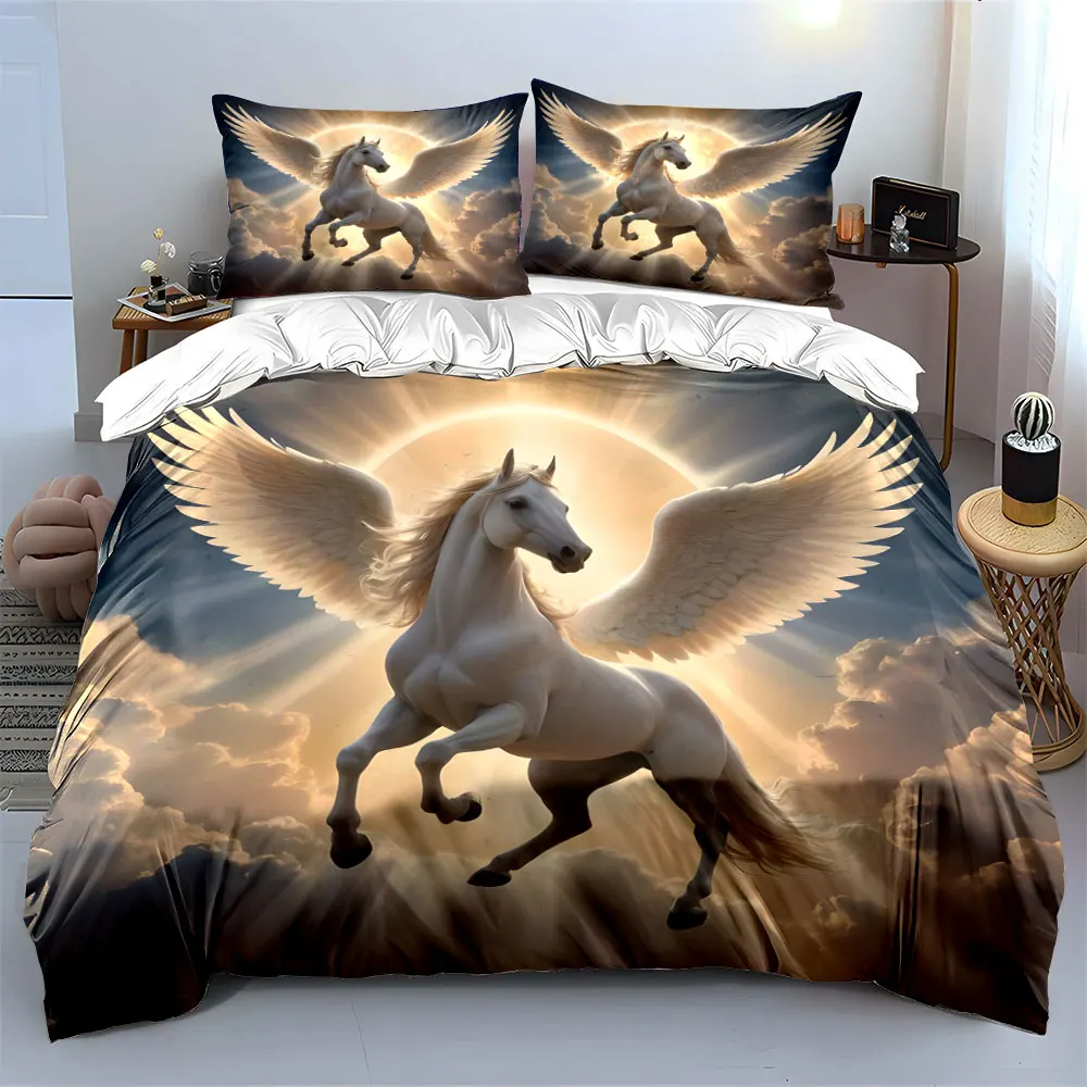 White winged horse in sunlit clouds Print Soft Comfortable Duvet Cover Bedding Set Included 1*Duvet Cover  2*Pillowcases