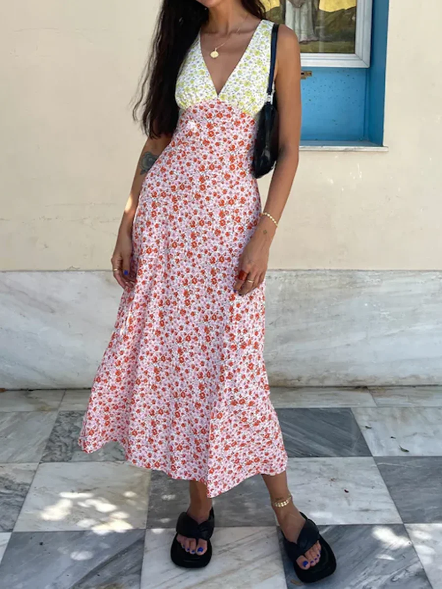 

New Womens Summer Midi Dress Bohemian Deep V Neck Sleeveless Floral Print Beach Dress Green Chic Net Red Popular Print Dress