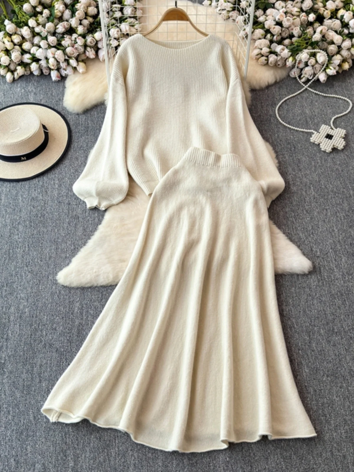 

Casual High Waist Draped Feel Long Sve Knitted Sweater plus Loose T Top Set for Young Women Autumn Faion Outfits