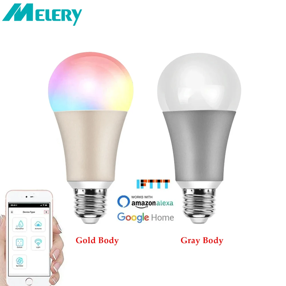 

Melery E27 Wi-Fi Умная светодиодная лампа A60 7 Вт Лампы с регулируемой яркостью Теплый белый 2700K RGB Беспроводной шариковый пульт дистанционного управления Alexa Google Home
