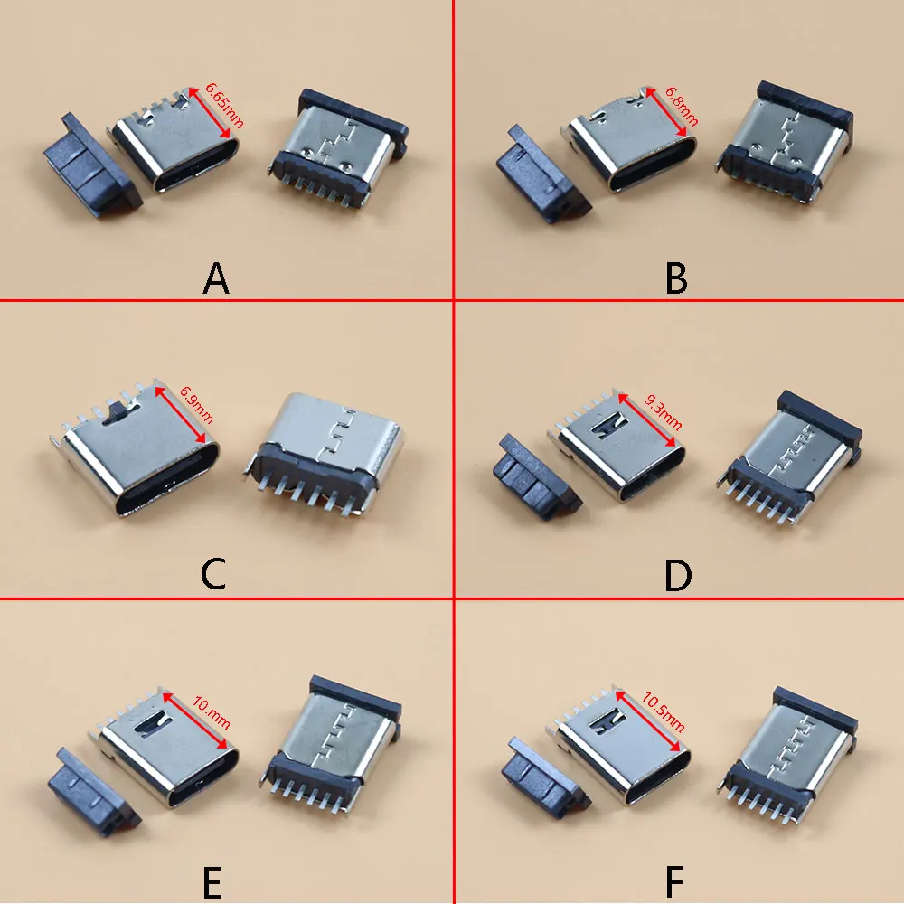 10PCS TYPE-C female seat 6P straight in vertical 180 degree height H=6.65/6.8/6.9/9.3/10.0/10.5mm fast charging female seat