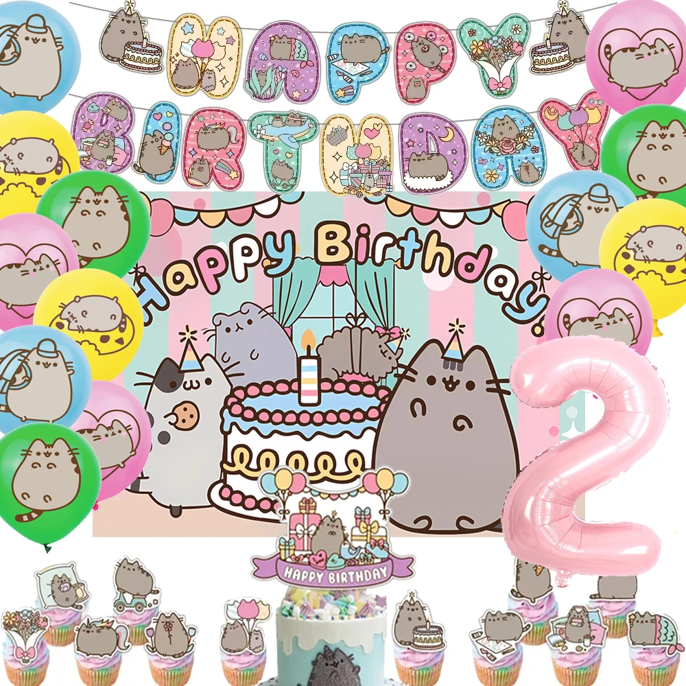 El gato Pusheened, decoración de cumpleaños, suministros para fiestas, globo, cartel temático de gato gordo, telón de fondo, adorno para pastel, Baby Shower, juguetes para niños y niñas