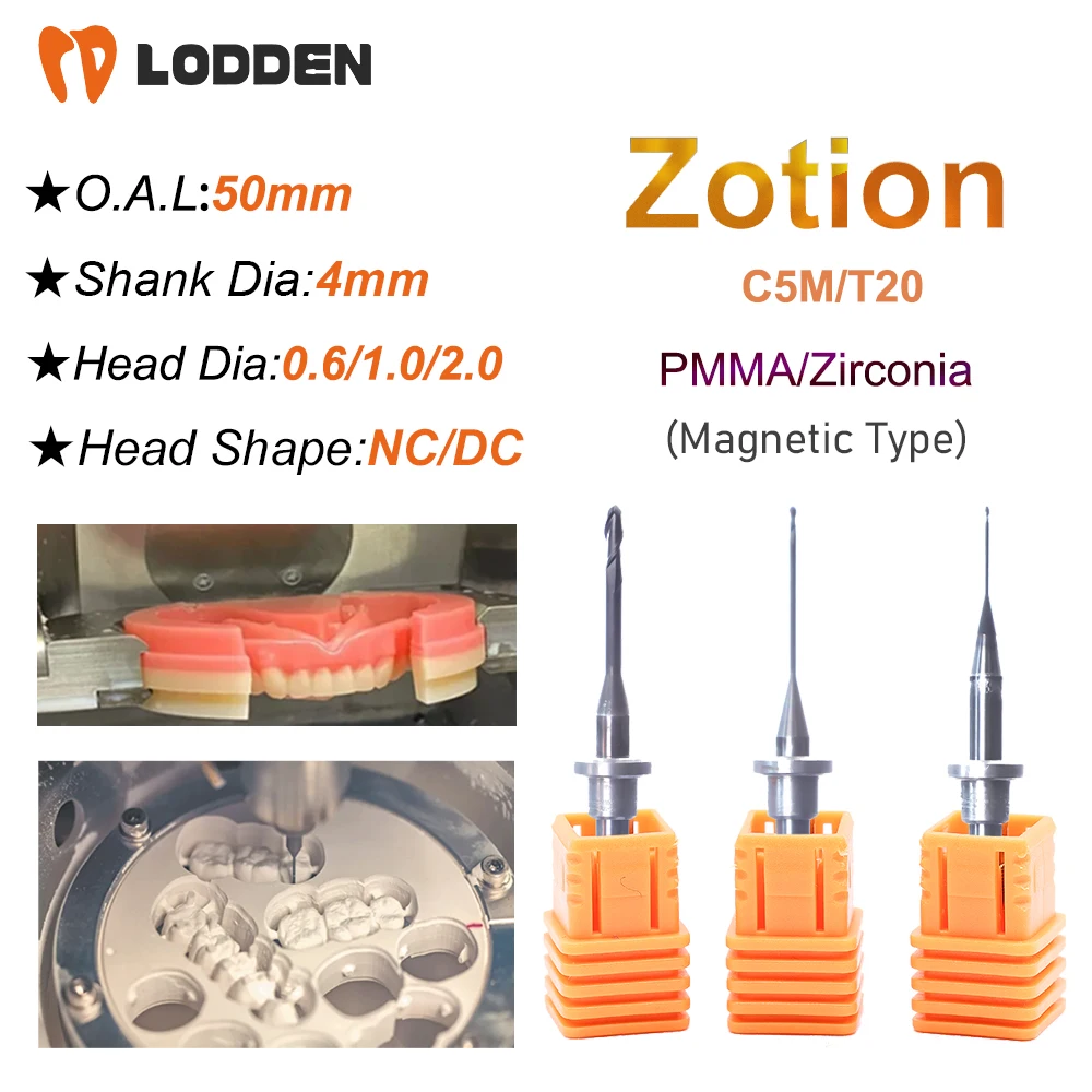 Zotion C5M T20 Dental Milling Burs Magnetic Ring Grinding Zirconia/PMMA D4 Shank 50mm Length Dental Grinding Tool CAD CAM System