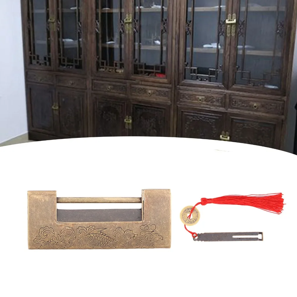 Exquisite Brass Antique Padlock Carved Key Included Chinese Old Style Padlock Furniture Lock Decor