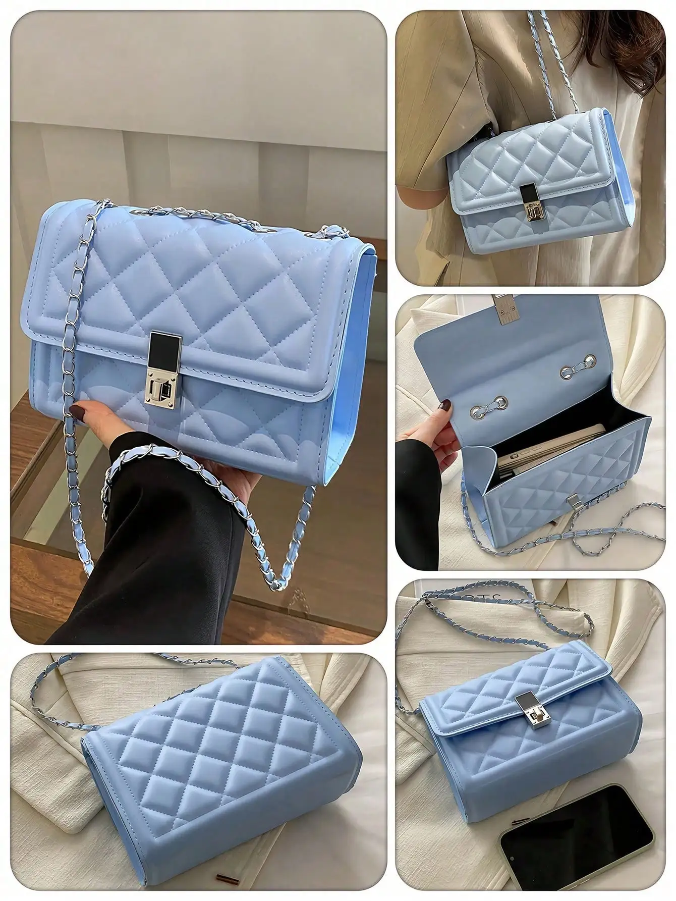 

Светло-голубая стеганая квадратная сумка-кроссбоди на цепочке с застежкой-кнопкой