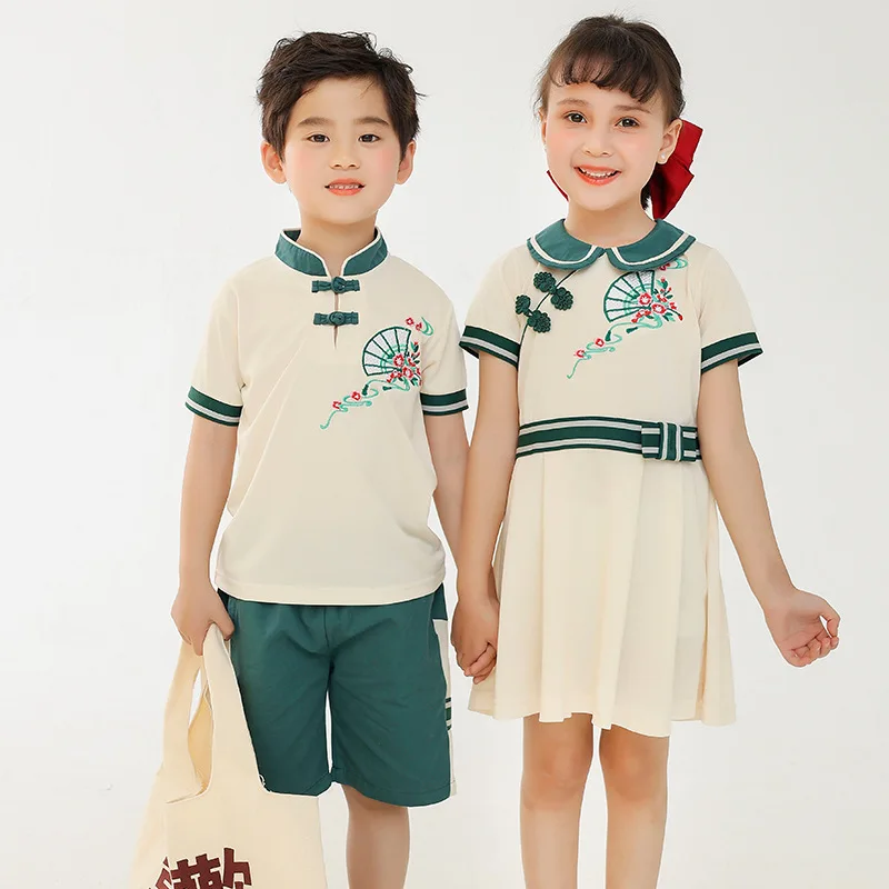 

Chinese Traditional Style Retro Tang Suit Kids Boys Girls Print Green Hanfu Tops Pants Set Cheongsam Qipao Dress Cosplay Costume