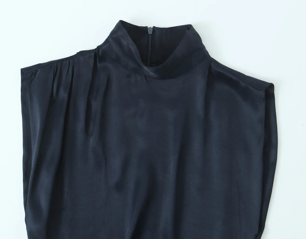 Women Lace Hem Dark Blue Satin Dress Sleeveless Ruched Mini Dresses