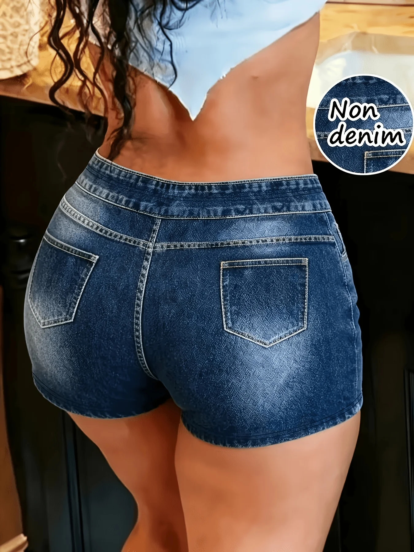 Printed Legging - Not Denim Fabric All‑over faux‑denim printed 3‑inch shorts with faux pocket and button print details. New‑a