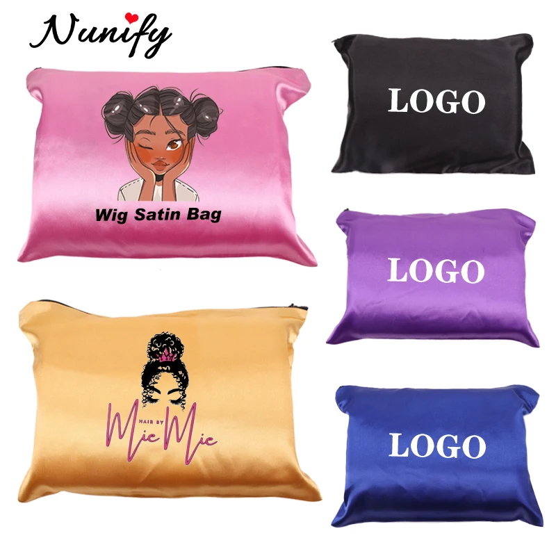 

Customize Bundle Packaging Bags With Logo 10Pcs Wig Bags Packaging Bulk For Small Business Satin Bag With Zipper Wig Storage Bag