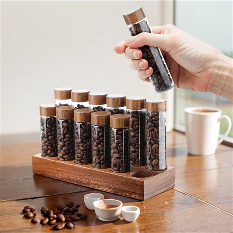 Coffee Beans Storage Container Tube Display Rack Wood Tea Tube Bottle Glass Single Dose Espresso Coffee Barista Coffeware Set