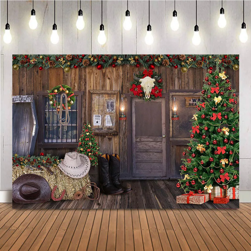 

Christmas Pine Tree Backdrop for Photography Haystack Wood Board Warehouse Background for Children Kids Portrait Photo Props