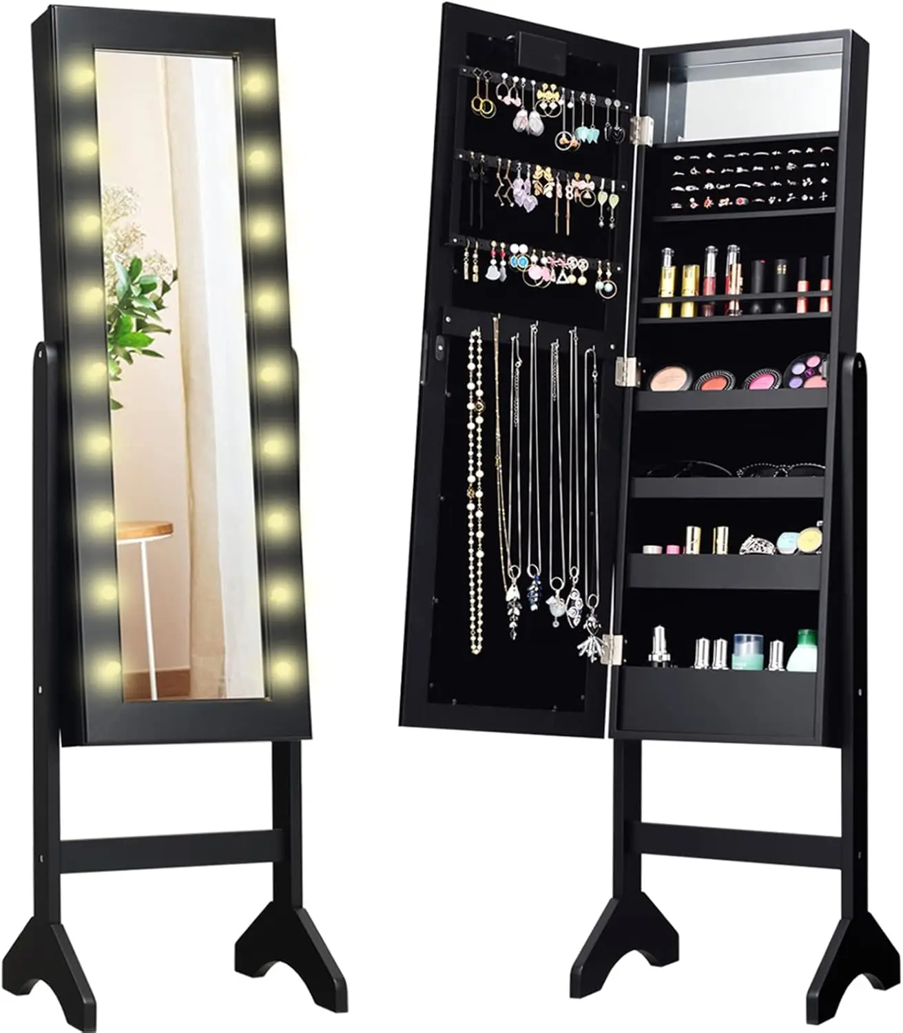 Standing Jewelry Armoire with 18 LED Lights Around the Door, Large Storage Mirrored Jewelry Cabinet with Full Length Mirror