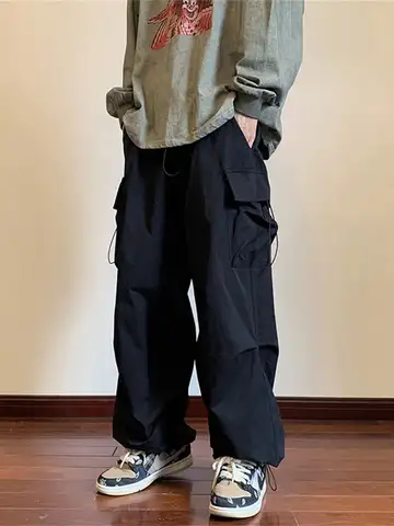 Streetwear 2024 Spring Harem Casual Pants Men Elastic Waist Solid Color Cargo Pants Multi Pocket Loose Baggy Pants For Women