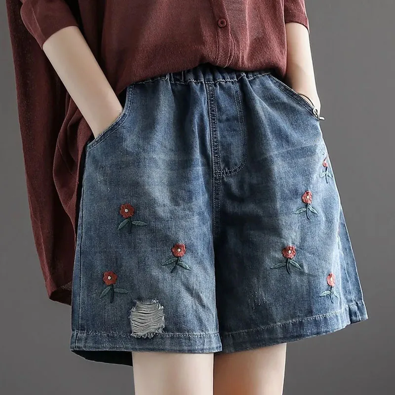 

Flower Print Summer Shorts Pockets Jeans Thin Pantalones Elastic High Waist Losse Women Denim Pants Casual Jeans 2024 F149