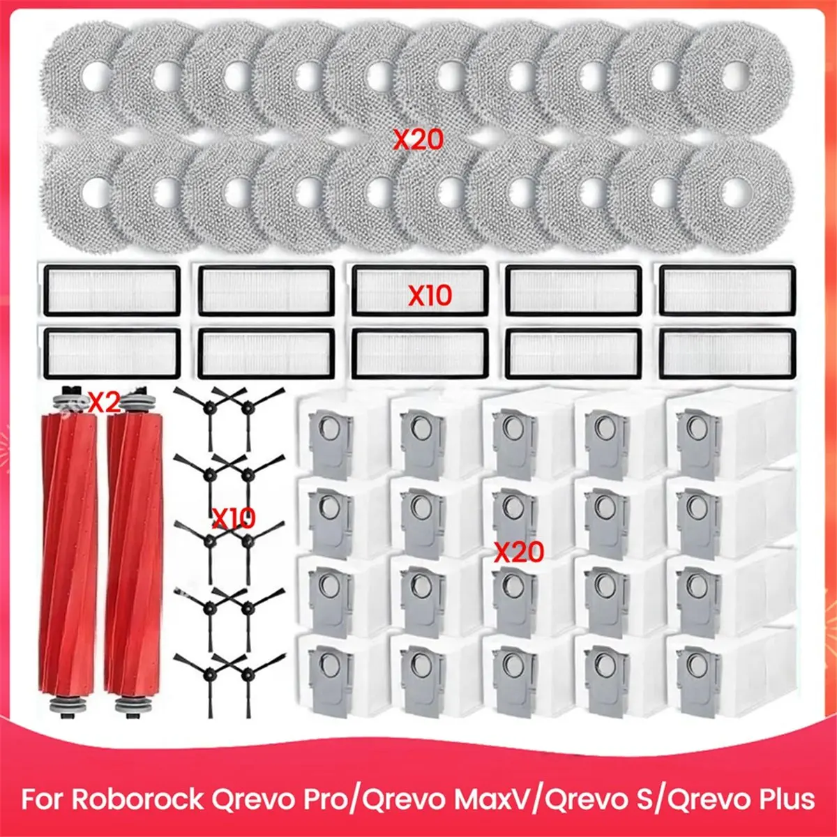

B46C для роботов-пылесосов Roborock Qrevo Pro/Qrevo MaxV/Qrevo S/Qrevo Plus: основная и боковые щетки, HEPA-фильтр, салфетка для влажной уборки, мешки для сбора пыли