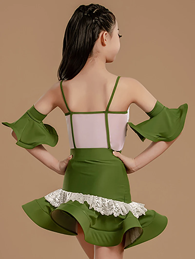 

Green Latin Dance Costume for Girls Kids Training Performance Lace Sleeveless Jumpsuit and Big Swing Skirts Children Dancewear