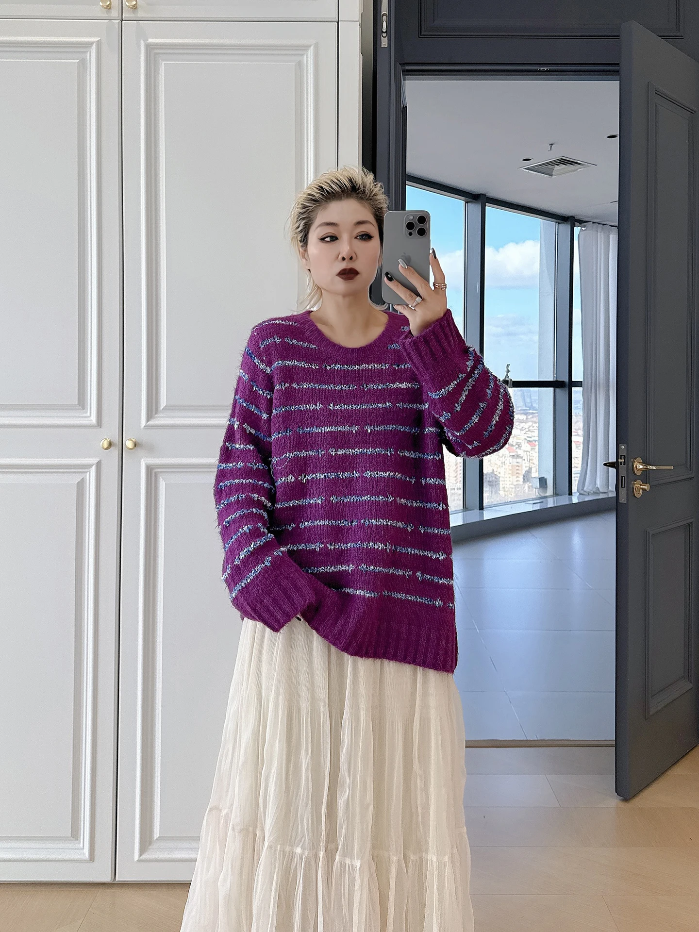 

Простой корейский ретро-свитер в полоску больших размеров для женщин, свободный вязаный джемпер для повседневной носки, утепленный, для полных женщин, зимний