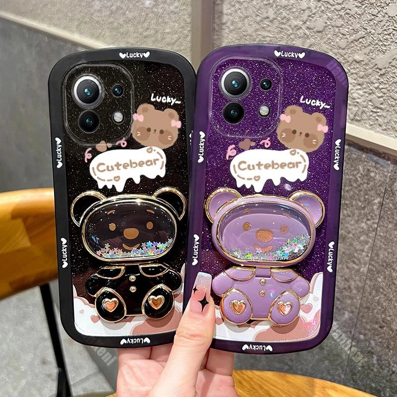 Bear Makeup Mirror Silicone Holder Phone Case For Xiaomi Mi 11 11Pro 11XPro 11T 11Lite 11Ultra 10S 10 12 10Lite 13 Civi2 3 Cover