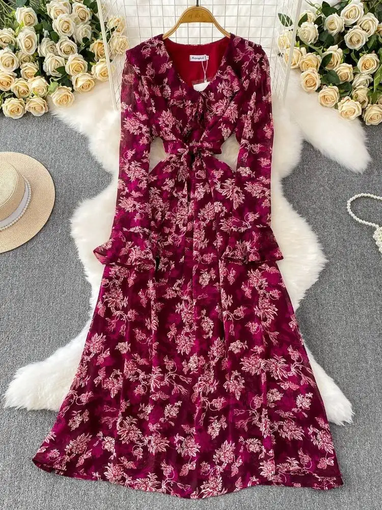 Abito floreale da donna con foglia di loto Primavera Autunno Abiti sexy con scollo a V a maniche lunghe con stampa Abiti lunghi casual in chiffon da donna