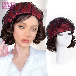 WTB Peluca de sombrero sintético para mujer, boina de pelo corto y rizado de encaje femenino, peluca octogonal de moda de una pieza