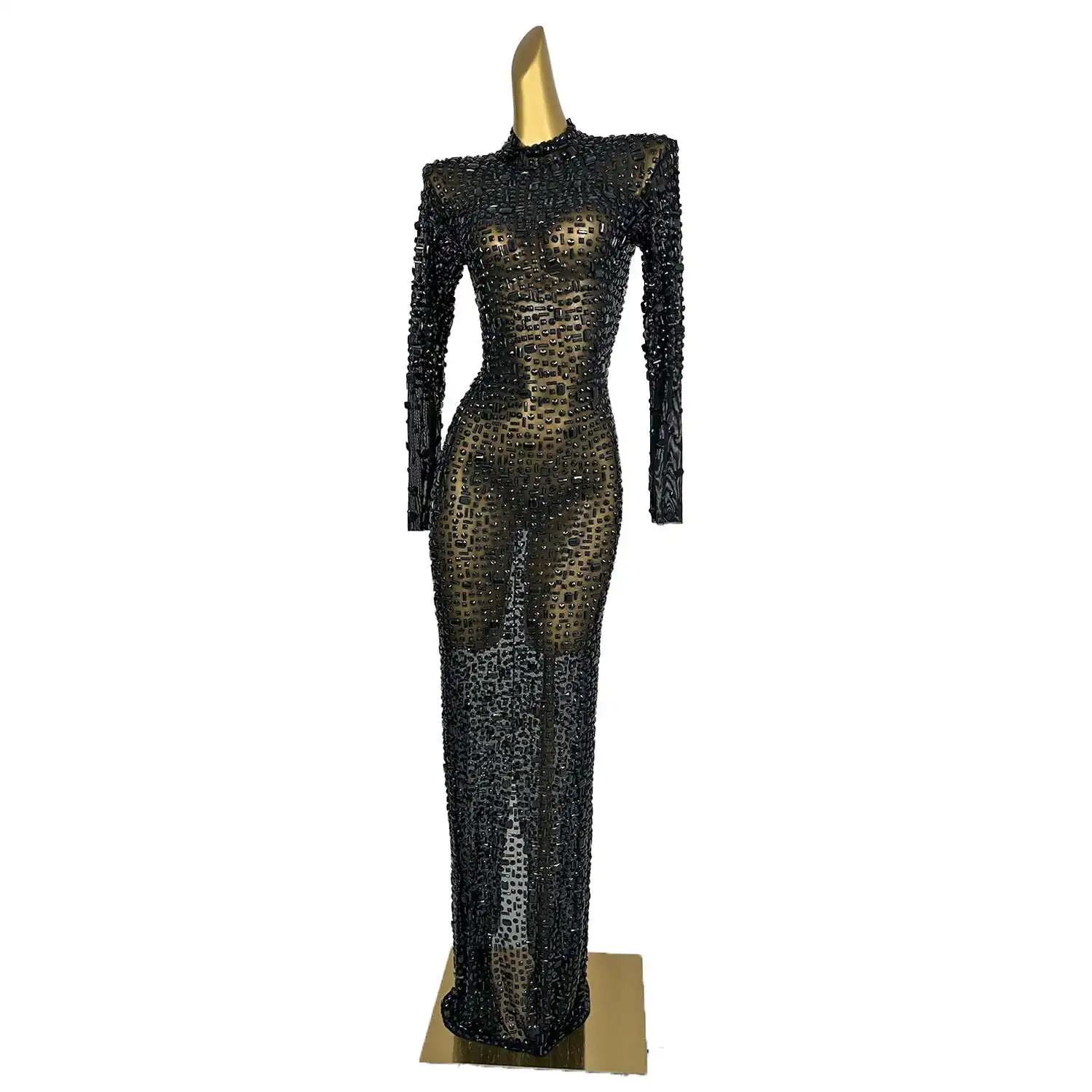 Luxury Atmosphere Summer New Black Mesh Transparent Evening Birthday Party Dance Singer Performance Costume Heibei