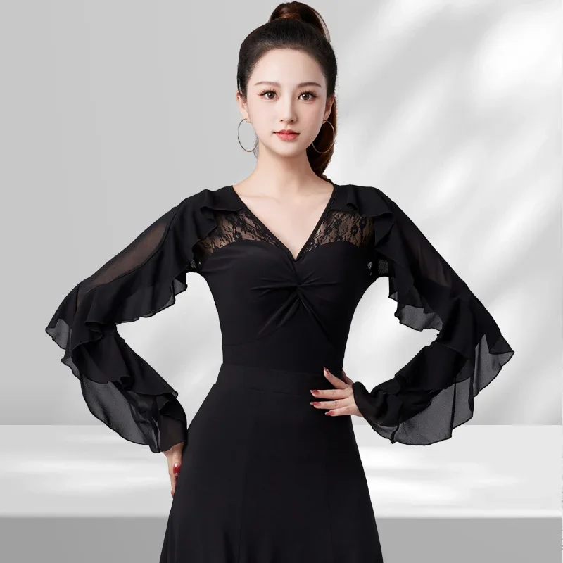 New Latin Dance Top Women Performance Ballroom Leotard Clothes National Standard Waltz Bodysuit Tango Blouse Practice Costumes