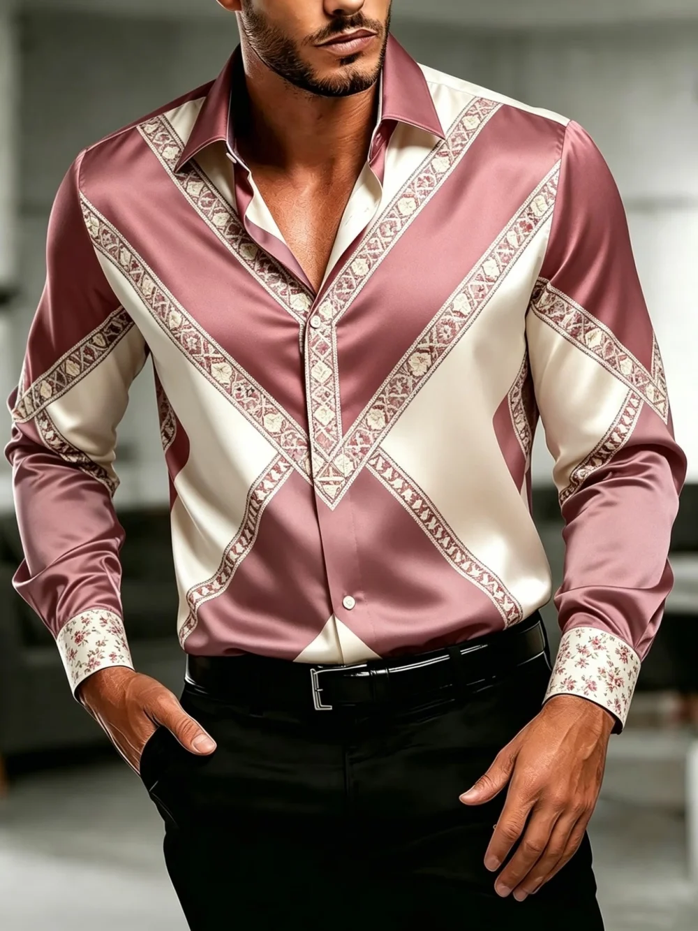 2026 New Men's Luxury Satin Shirt Geometric Color Block Printed Cuffs Long Sleeve Collar Button Shirt Wedding Men's Top
