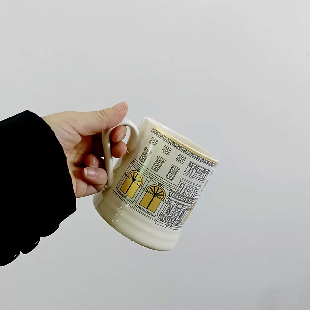 Vintage Building Print Ceramic Mug Home Use Office Coffee Tea Cup with Handle Tabletop Decor Breakfast Porcelain Milk Mugs