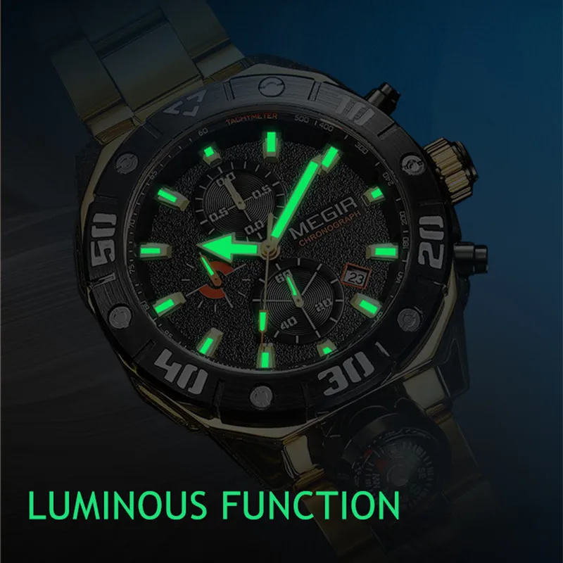 MEGIR Men's Watches Stainless Steel Strap Quartz Wristwatches Waterproof Luminous Date Clock Chronograph Relogio Masculino