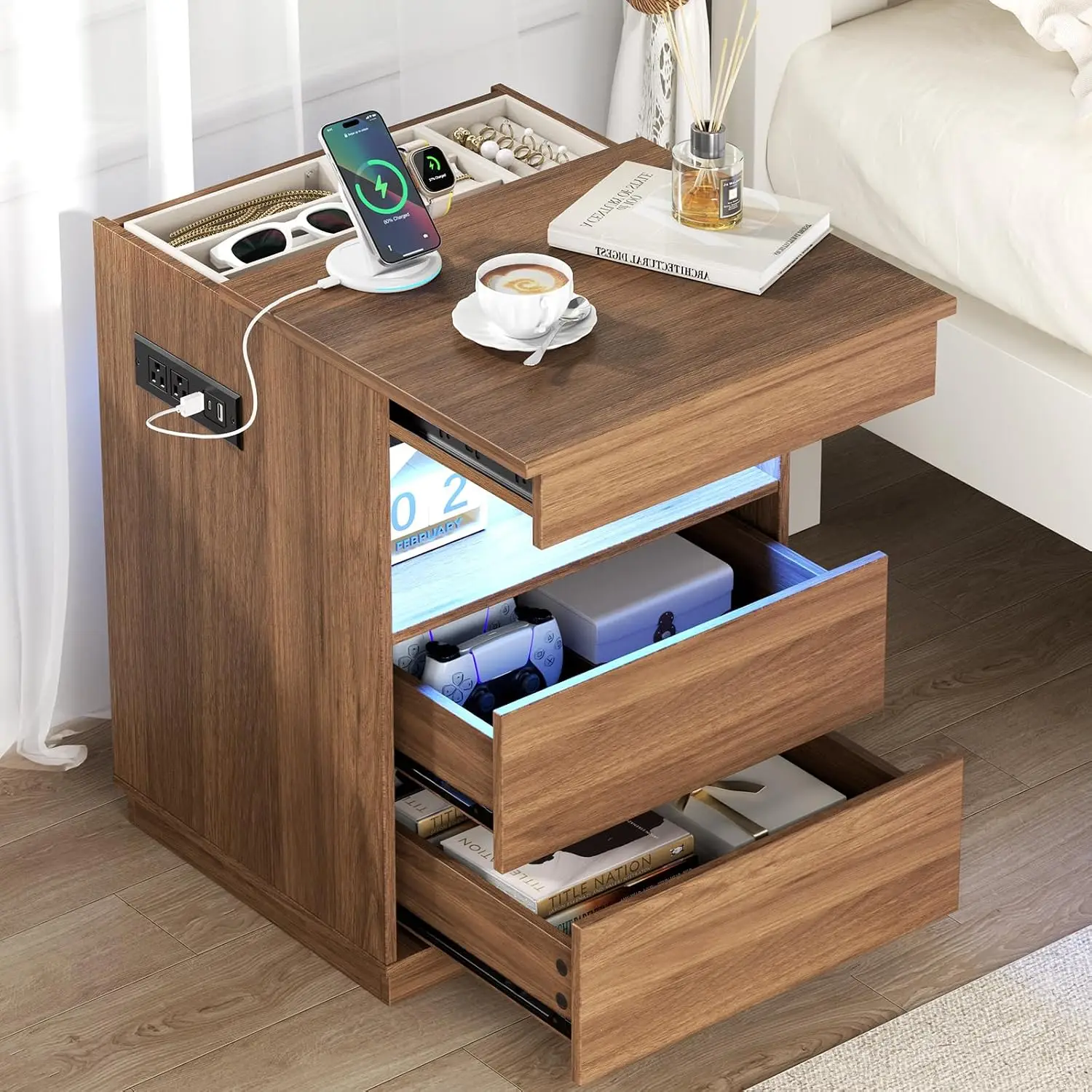 Nightstand with Hidden Compartment & USB/Type-C Charging Station - Locking Night Stand with Gun Drawer,LED Lights,Modern Bedside