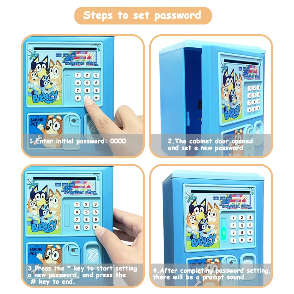 Bluey Bingo-cerradura de código electrónico para niños, hucha, caja de monedas, rollo automático de dinero en efectivo, caja fuerte pequeña, juguetes para niños y niñas, regalo