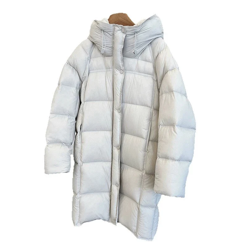 Schinteon jaqueta longa feminina de pato branco com capuz outono inverno quente casual solto outwear 2025 nova moda casaco