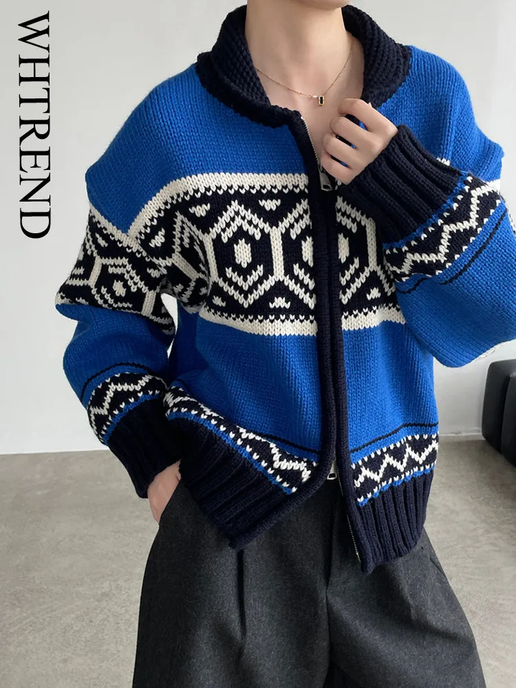 

WHTREND Color-Block Thick Jacquard Sweater Coat For Women Zipper Knitted Cardigan Female Fashion Autumn Winter New WH1776