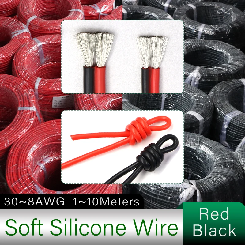 

30/28/26/24/22/20/18/16/14/12/10/8AWG Soft Silicone Wire Black Red 2Pin Cable Solar Panel Car Battery Tinned Copper Wire 1~10M