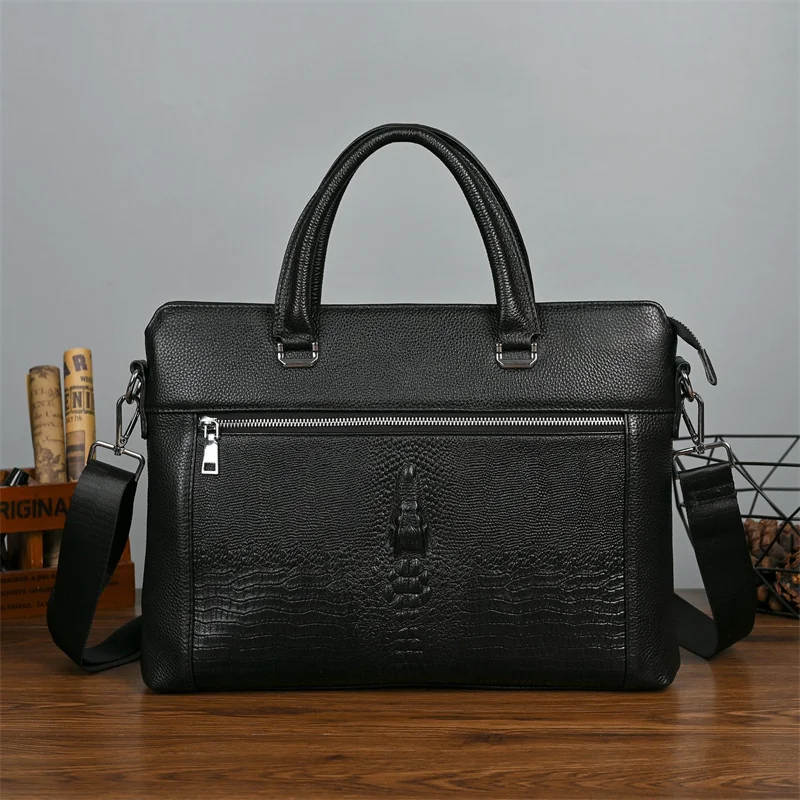 Breifcase portatile Breifcase da lavoro in vera pelle Borsa per laptop classica in pelle di mucca alligatore per uomo Borsa a spalla o a tracolla grande