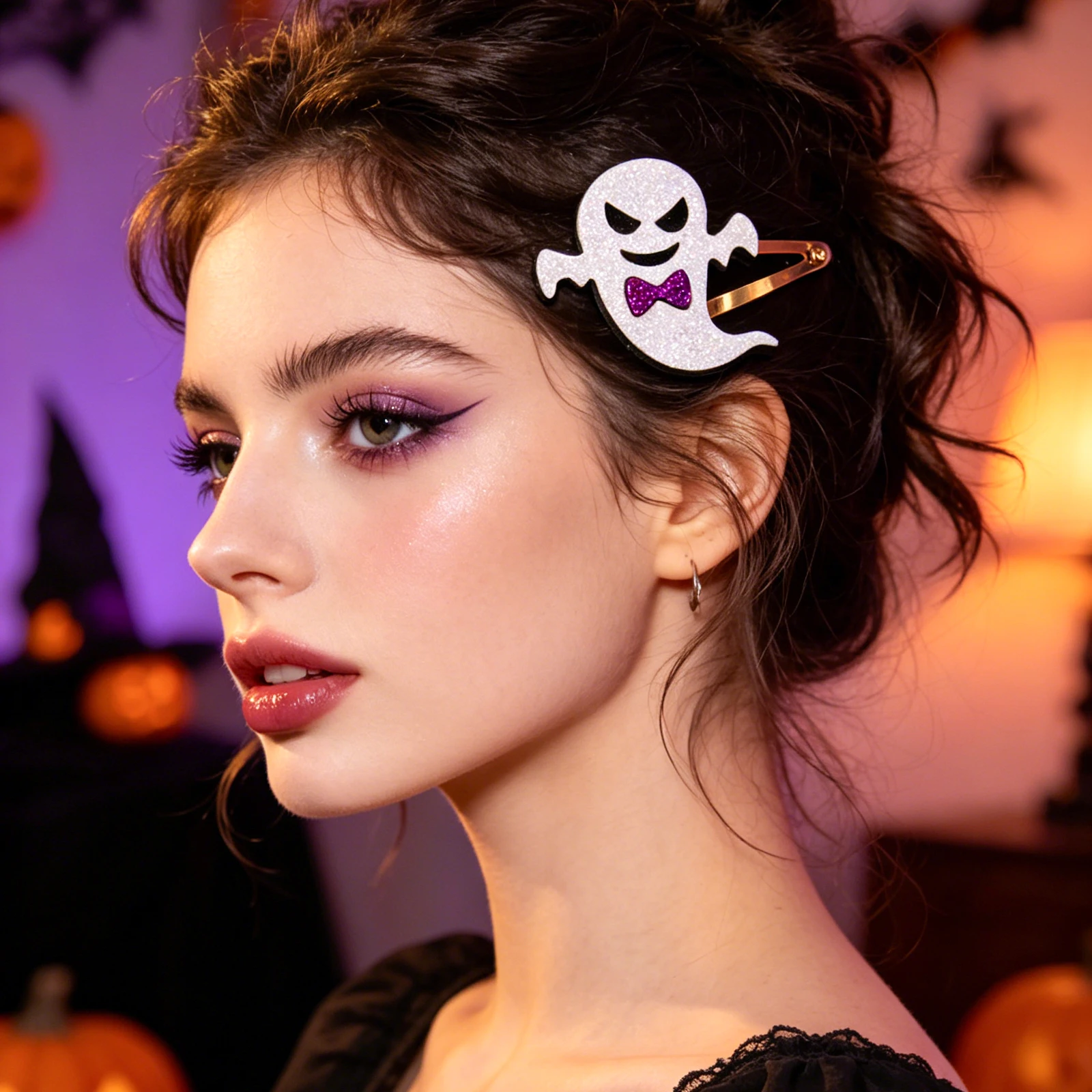 1 set, Halloween Sparkling Hair Clip Set, Pumpkin Ghost Head Bone Bat Pattern Felt BB Hair Clip. view 3