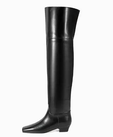 Black Matte Leather Square Toe Low Heels Overknees Boots Fashion Woman Tube Slip On Modern Long Boots Run Way Thigh Boots Shoes