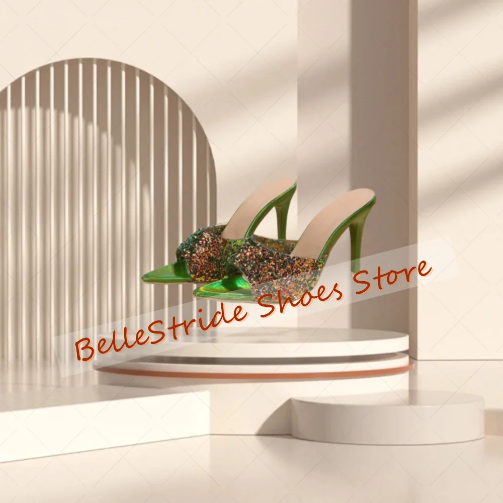 

Green Pointed Toe Glitter Slippers Open Toe Fashion Women Shoes Thin High Heels Party Banquet Dating 2025 Zapatos Para Mujere