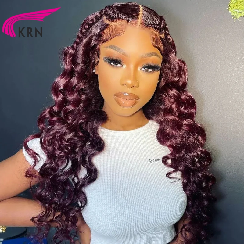 

99J Wavy 13X4 Lace Front Wig Human Hair PrePluck Dark Burgundy Colored Transparent Lace Frontal Wigs For Women Brazilian Hair