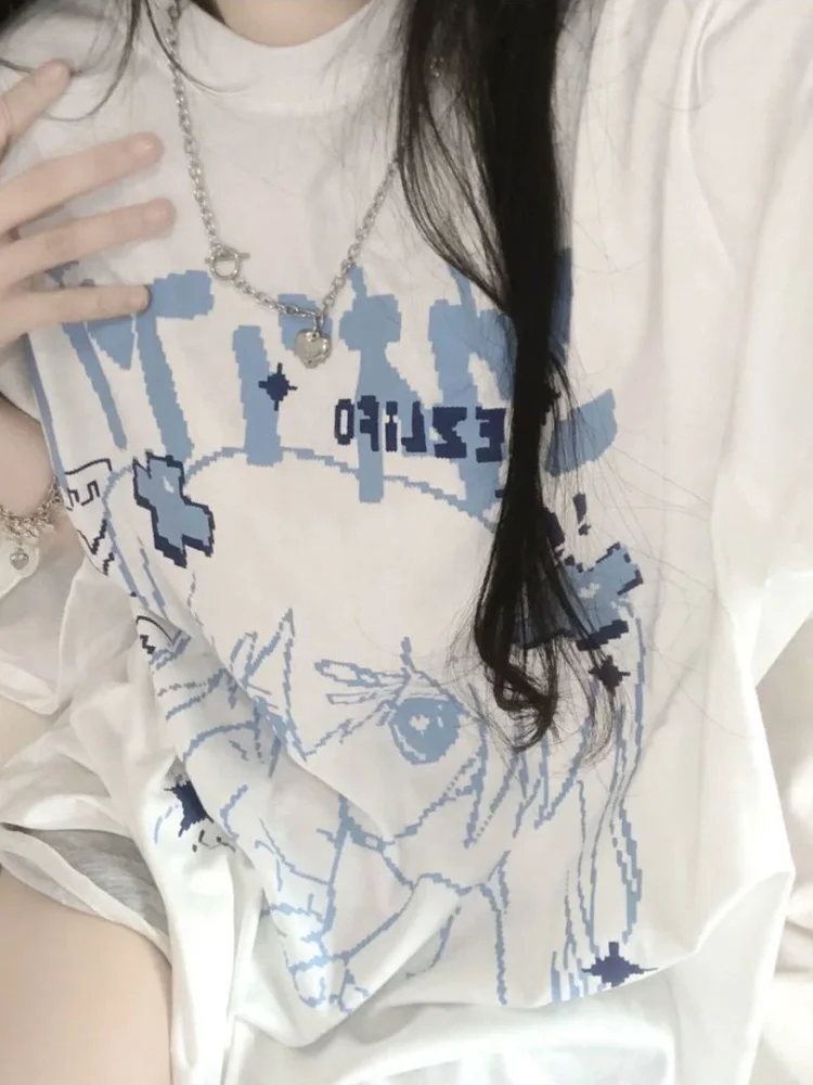 Camisetas con estampado de Kpop japonés Harajuku para mujer, ropa de calle de moda coreana, camisetas con estampado de Manga, camisetas blancas Y2k