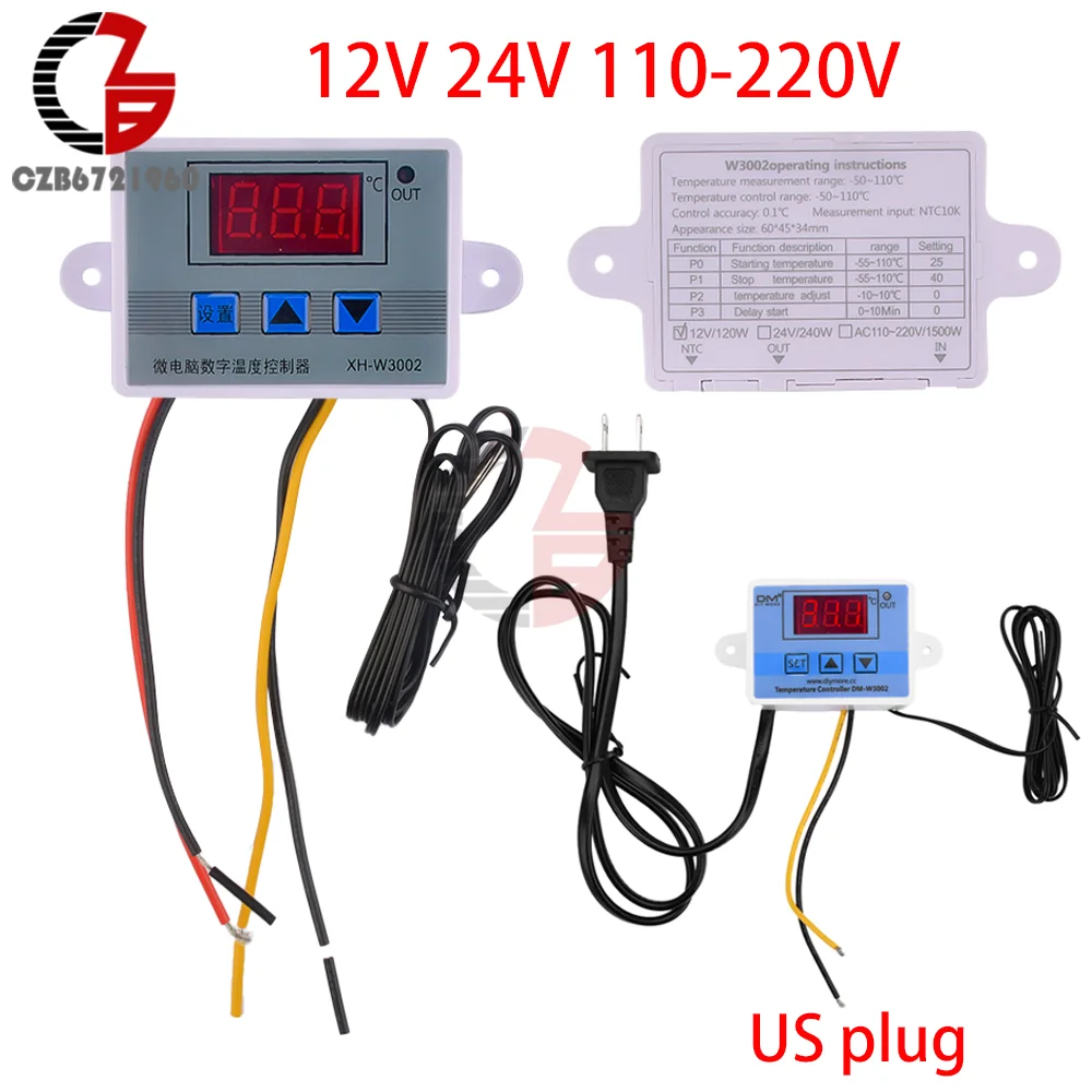 12V 24V 110-220V Digital Temperature Controller W3002 Microcomputer Thermostat Regulator Hot and Cold Temperature Control Switch