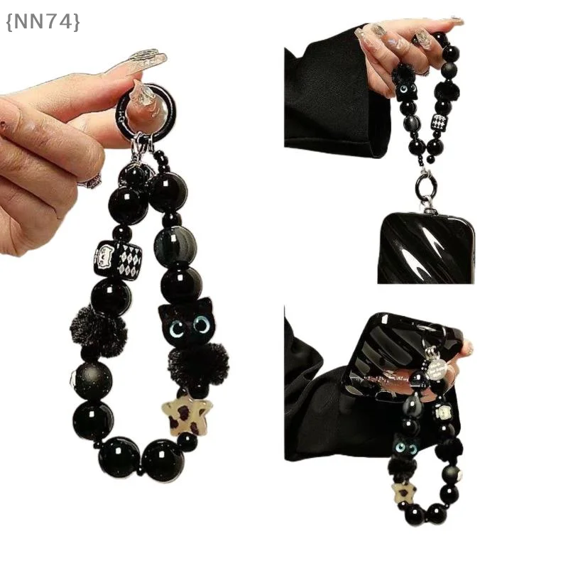 

【F2-NN74】Luxury Black Fluffy Cat Phone Strap - Beaded Handle Chain Wrist Anti-Theft Clip Bag Accessory