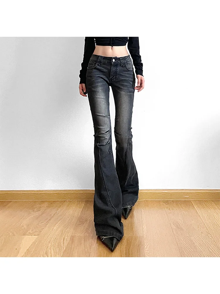 

Woman Denim Jeans Casual Denim Loose Pants Low Waist Trousers Gradient Color Bell Bottoms Dark Academia Aesthetics Gyaru