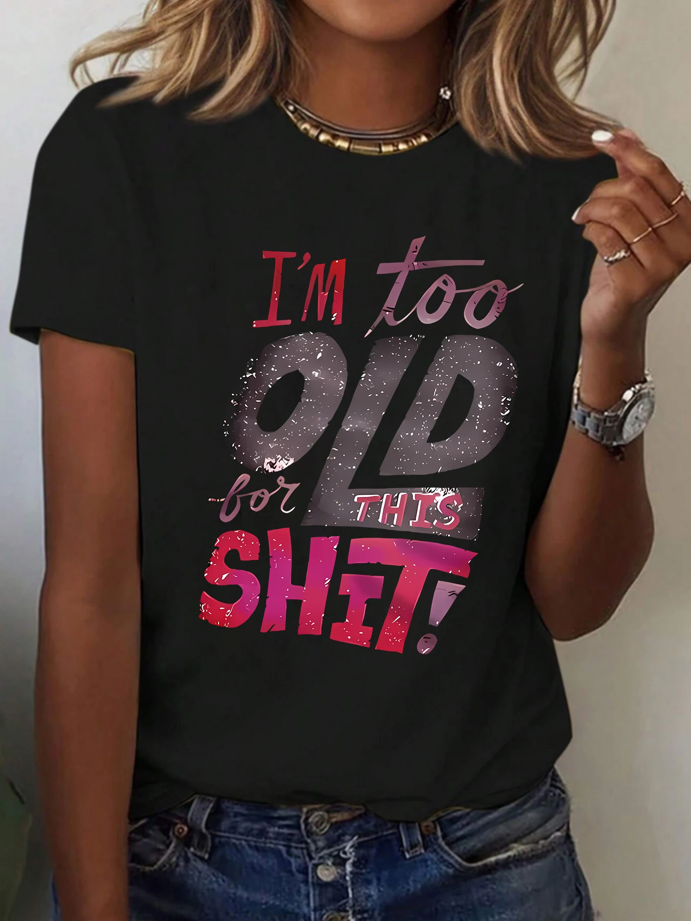 

English letters Plus size women's round neck short sleeve T-shirt with elastic half sleeves and trendy prints
