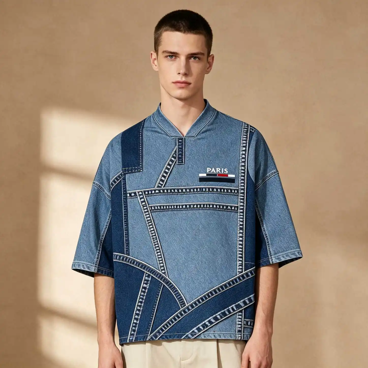 3D Fake Denim Spliced Paris Print Men Oversized V Neck Elbow Sleeve Tee, Streetwear Summer Casual Loose Tops