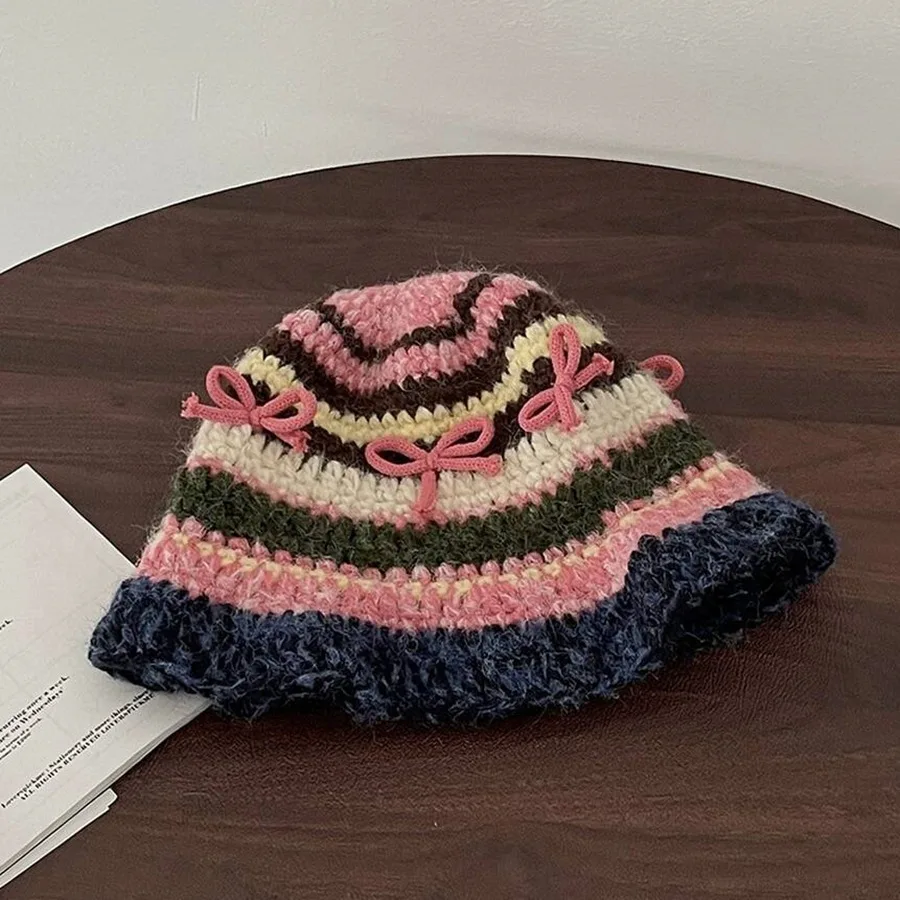 

Colorful Striped Knit Bucket Hat with 3D Bow Hand-Crocheted Design Vintage Fisherman Hat for Women Autumn Winter Fashion
