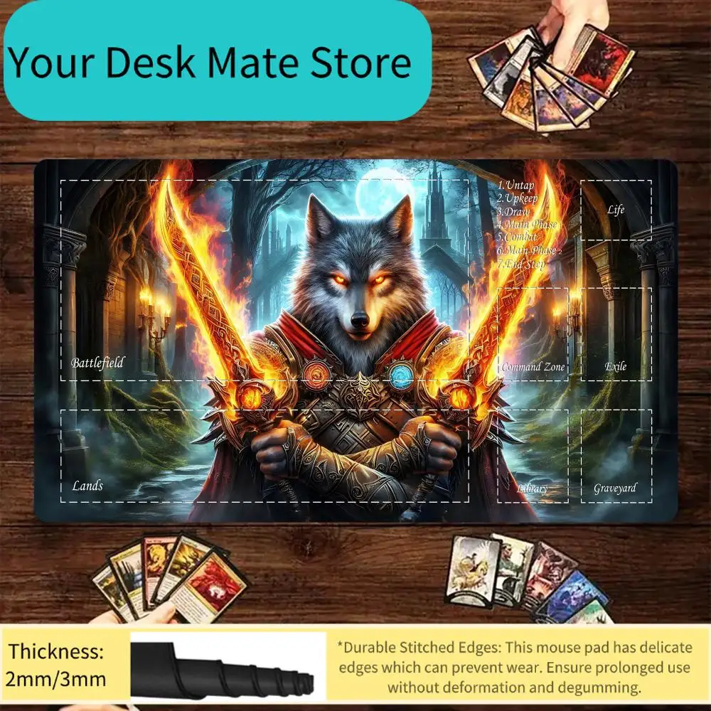 Magic Card Battle Playmat with zone Fantasy Wolf Warrior theme MTG playmat gathering game mat Desk Mat Commander Battle playm