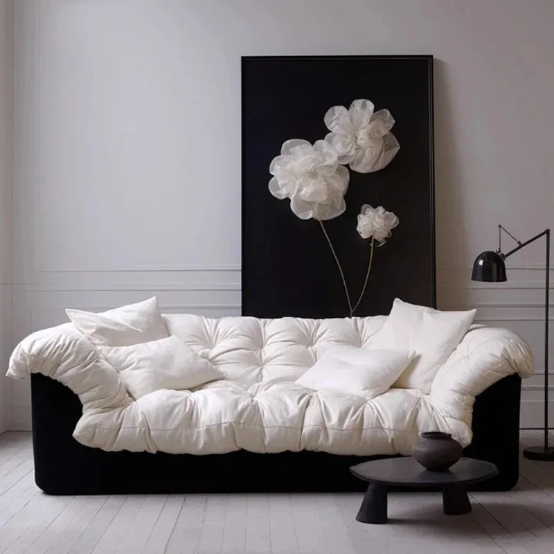 

Light French retro cream style camellia straight black and white medium antique wabi sabi sized cloud down sofa